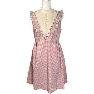 Vintage 60s Gingham Floral Fit n Flare Sleeves Sundress w Floral Detailing, Sz 6
